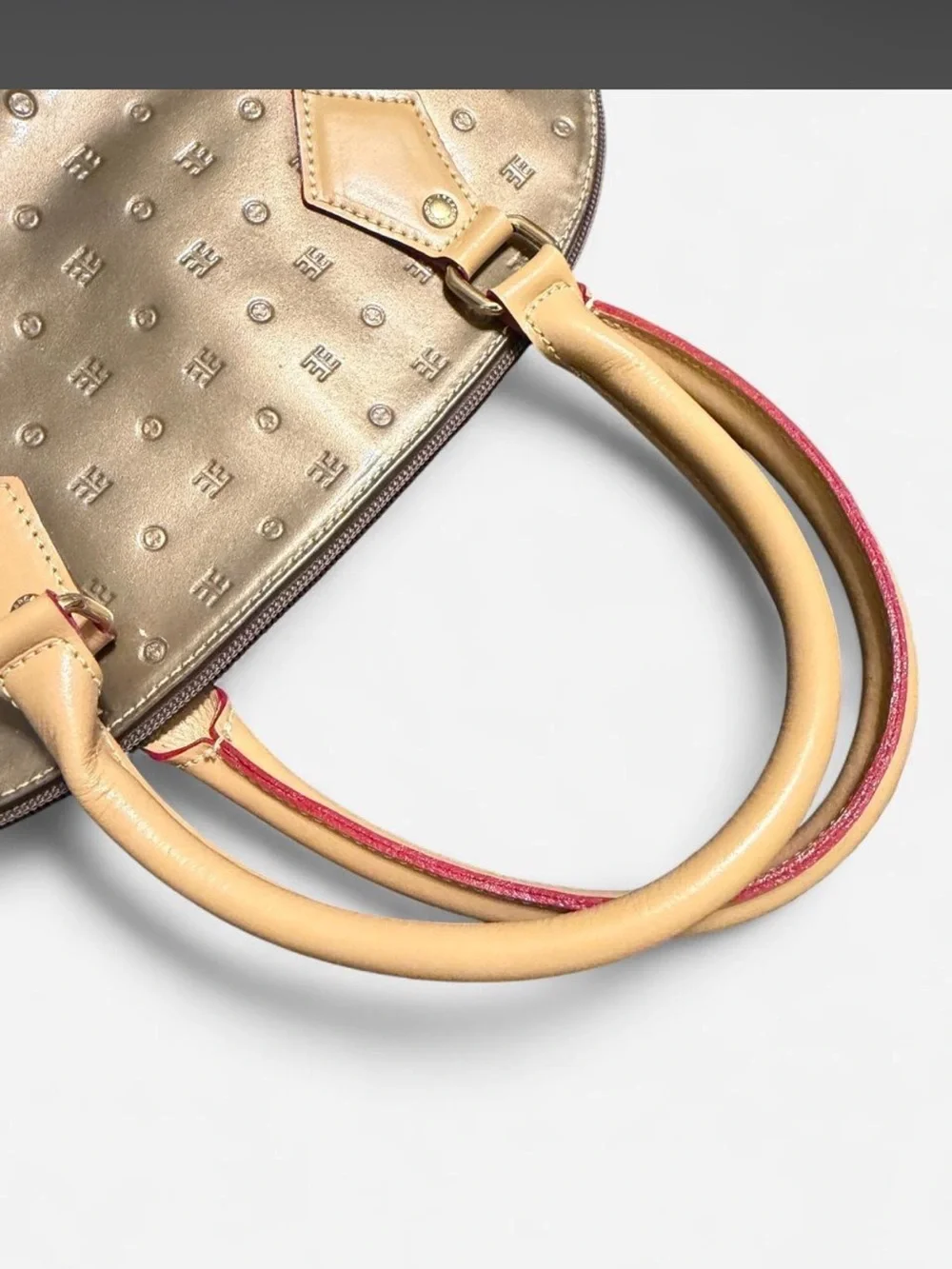 Arcadia Made in Italy Genuine Patent Leather Dome Satchel Handbag Metallic Gold